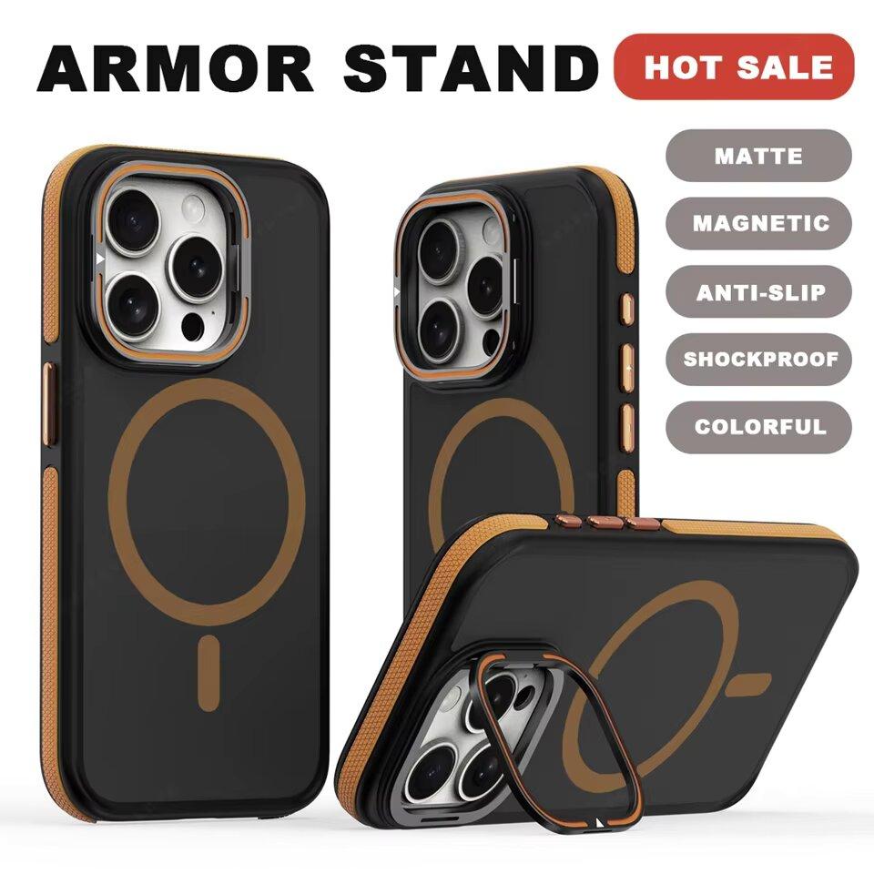 Bicolor Magnetic Camera Lens Stand Phone Case For iPhone 15 14 16 Plus 11 12 13 16 Pro Max Matte Magsafe Protector Hard Cover