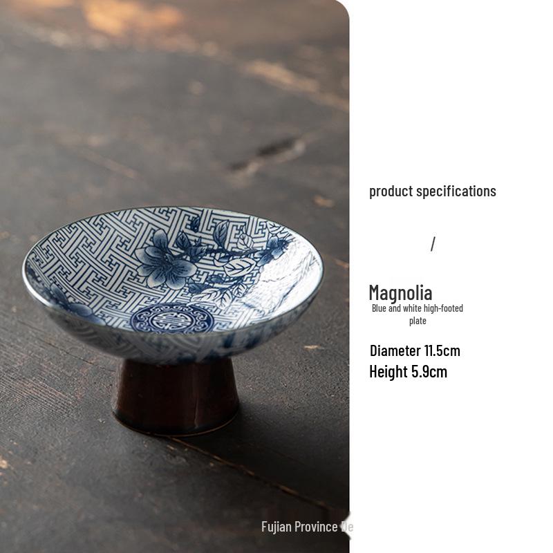 Blue & White Porcelain High-Footed Snack Plate for Desserts & Fruits