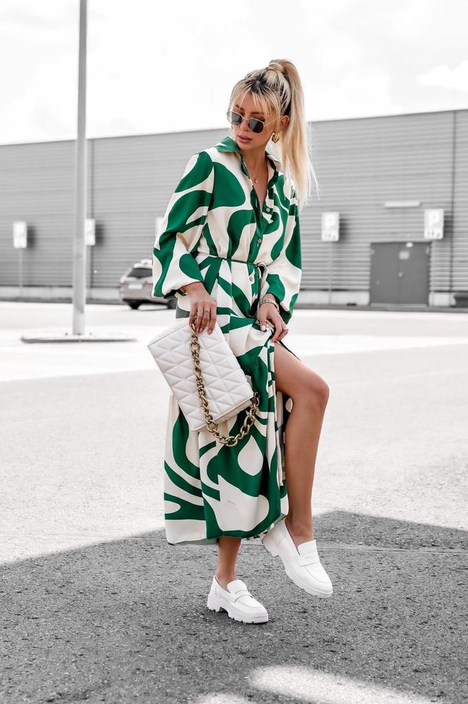 2023 European & American Style Printed Shirt Dress with Pockets - Casual Autumn Long Skirt with Tie