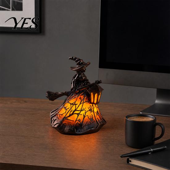 Halloween Themed Night Light Stained Glass Witch Hat Lamp, Handcrafted Retro Resin USB Powered Gothic Ambient Lighting Wizard Hats Light, Home