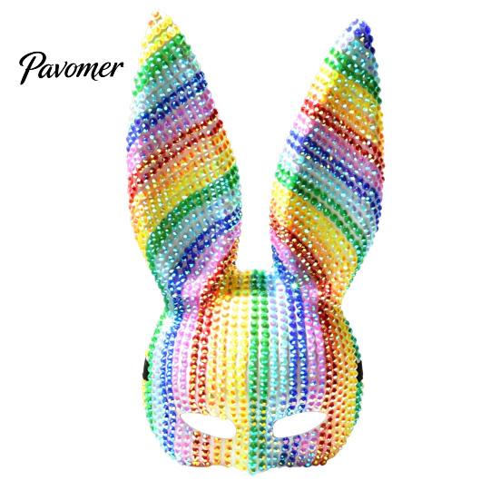 Nightclub Dance Mask Disco Mirror Rhinestone Rabbit Mask, Sparkly Glitter Bunny Face for Halloween Party, Shiny Reflective Ear Festive Cosplay