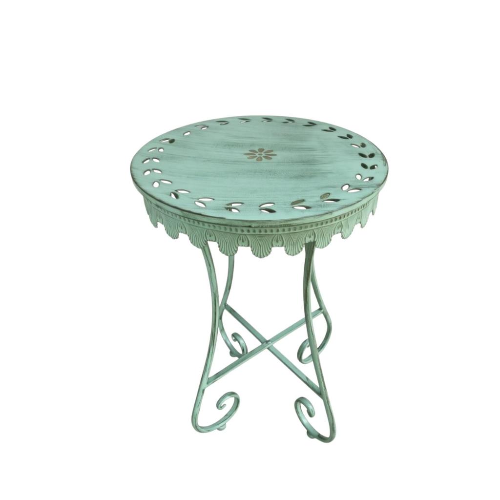Round Side Table VintageStyle with Cutout Pattern Distressed Plant Stand for Patio, Balcony,