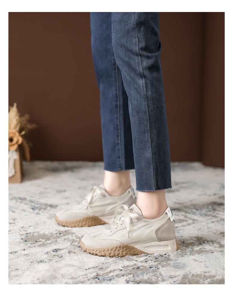 Women's 7cm Hidden Heel Leather Ballet Training Shoes - Breathable Soft Sole Height-Increasing Casual Sneakers