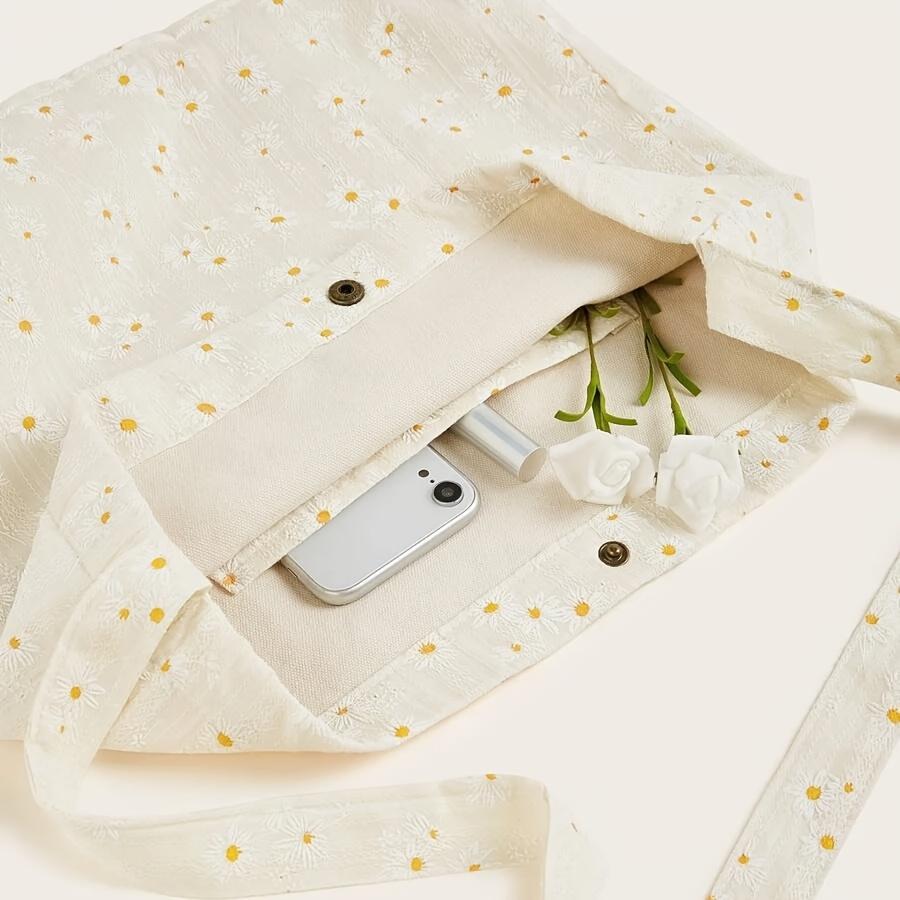 Daisy Embroidered Tote Bag for Women Sweet Style Floral Shoulder Bag with Fixed Strap Reusable Shopping/Gift Bag Perfect for Mother Day Weddings