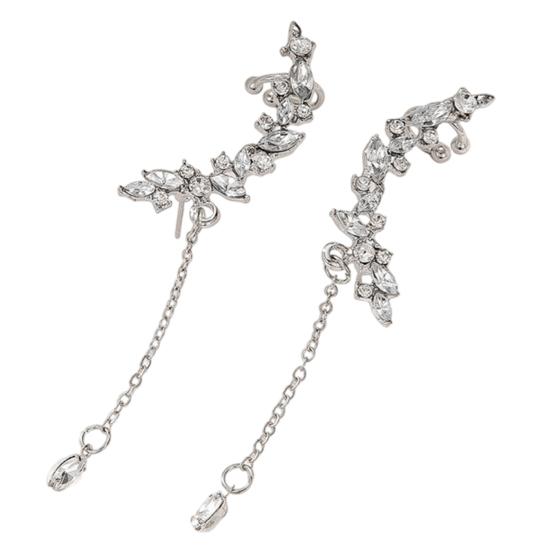 yangyizhi 1 Pair Boho Rhinestone Leaf Ear Cuff Earrings, Sparkly Long Tassel Chain Dangle Wedding Party Jewelry for Women 1 Pair