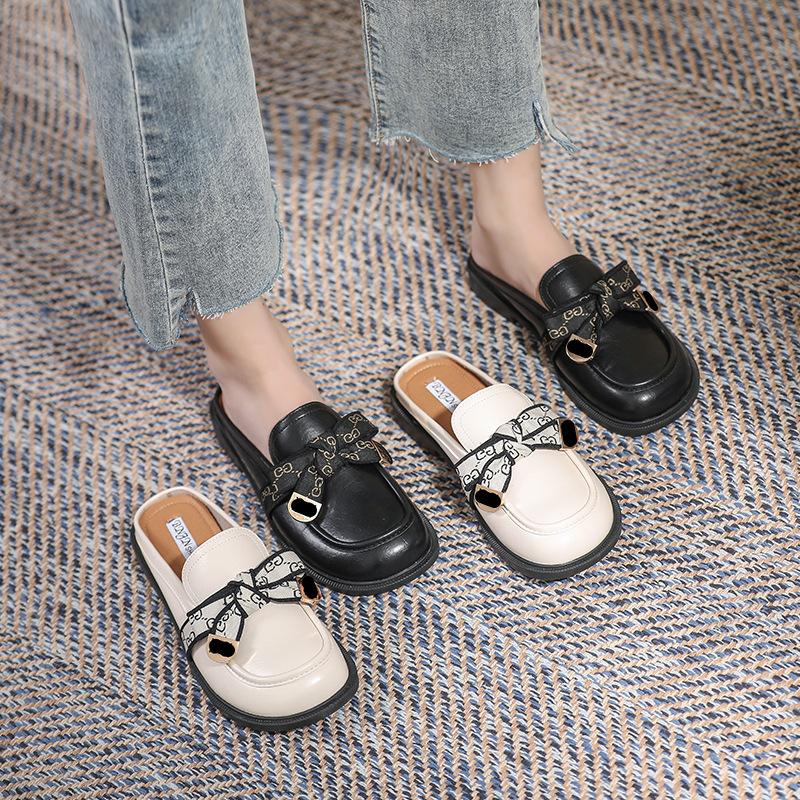 Spring New Women 'S Outdoor Slippers Black Mule British Style Fashion Bow Design Casual Loafers Muller Shoes Party And Work