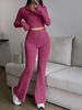 Fashion Solid Stitch Two-Piece Set with Zipper Long Sleeve Crop Top and High Waist Wide Leg Pants Women Casual Outfit