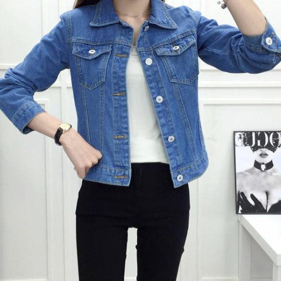 Dámské jarní a podzimní klopa jednobarevné ležérní denim knoflíčky sako velká velikost ležérní streetwear krátká bunda cardigan
