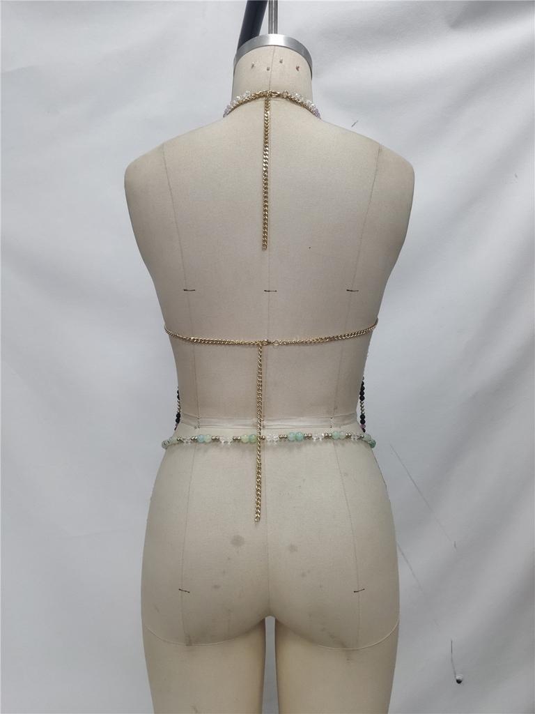 Handmade Music Festival Outfit Body Chain Layered Jewelry Top Women Sexy Purple Crystal Beaded Crop Top Chain and Waist Chain