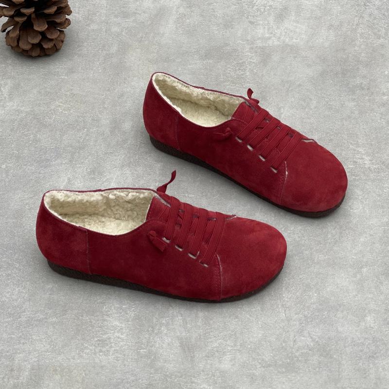 Johnature Retro Plüsch Damenschuhe Rinds Wildleder Flachboden Wildleder Lässig Elastisches Band Warme Baumwollschuhe