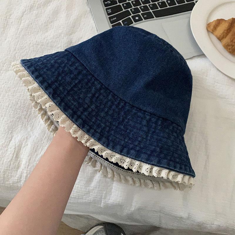 Lace Ruffle Denim Bucket Hat for Women Korean Wide Brim Fisherman Cap Outdoor Sunshade Summer Basin Hats