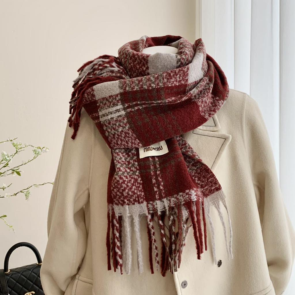Vintage Plaid Scarf for Girls Winter Thick Warm Long Shawl Dual-use Student Scarf