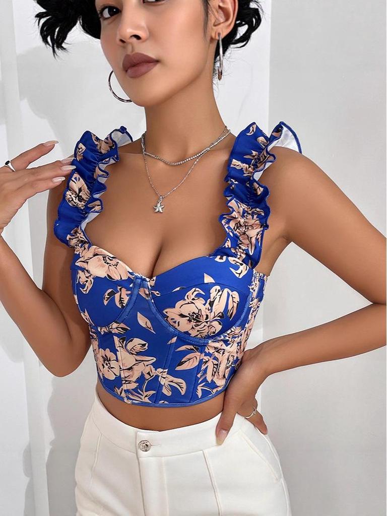 2025 Sommer Süßes V-Ausschnitt Print Slim Fit Wickeloberteil mit Brustpolster
