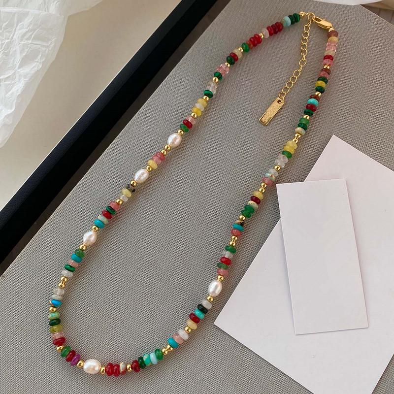 Colorful Mixed-Color Beaded Necklace: Natural Stone, Freshwater Pearl, Rice Grain Choker for Women