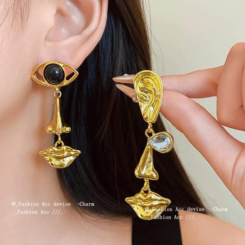 Vintage Court Style Earrings with Teardrop, Eyes, Mouth, and Rhinestone Inlays