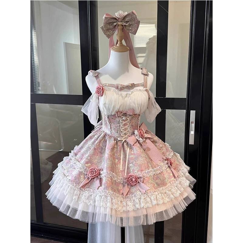 Letní japonský styl Kawaii Lolita šaty Dámské Párty Vintage Sladký Mašle Narozeniny Dortové šaty Y2k Bandážové šaty