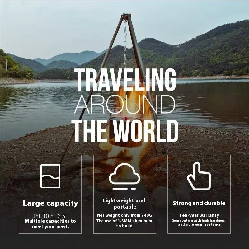 ALOCS Outdoor Camping 10.5L Camping Pot Set - Adjustable Tripod, Hard Anodized Aluminum, Suitable for 5-7 People Outdoor Cooking