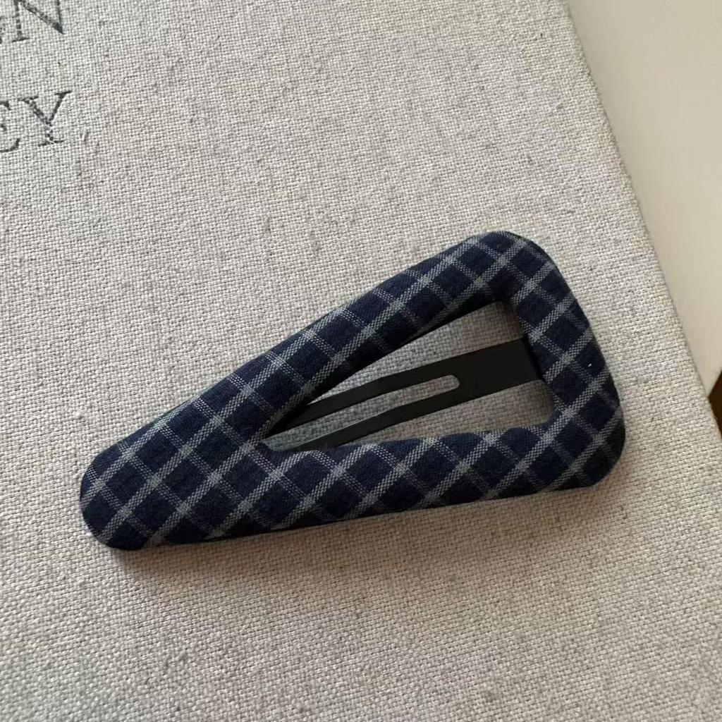 Korean Plaid Fabric BB Hair Clip, Dark Blue Retro Triangle Clip for Bangs