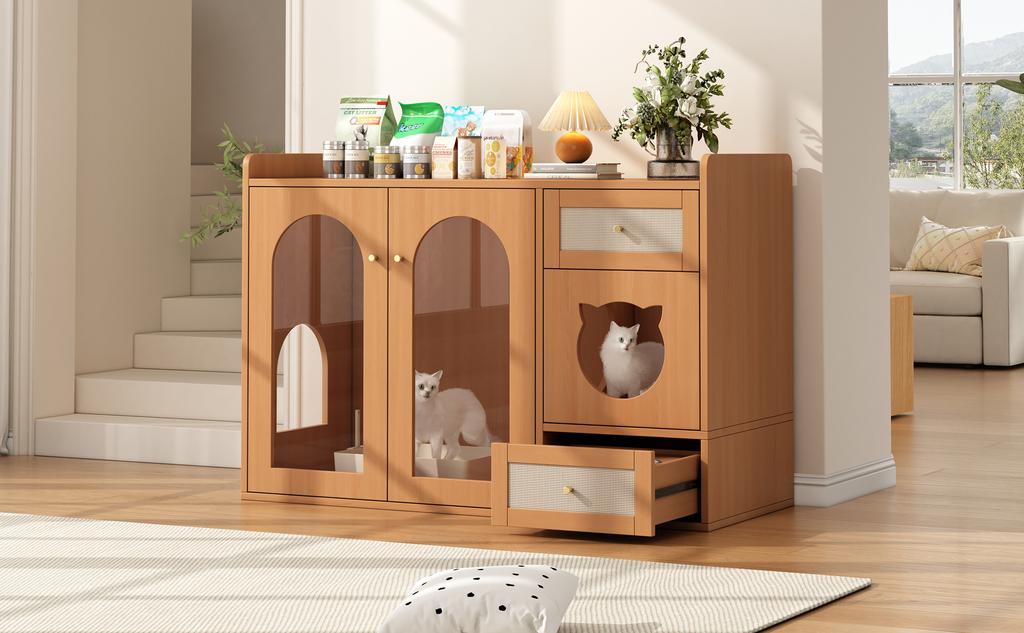 Cat House and Litter Box Cabinet with Feeding Bowls, Cat Rest Area, Storage Area (Litter Box and Cat Cushion Not Included), Walnut Color, 120x45x83 Cm