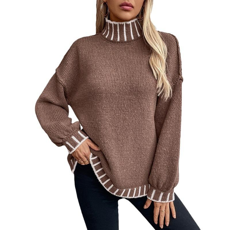 Uformelle gensere med lange armer for kvinner Turtleneck lanternearm Oversized ribbestrikket genser Høst løse gensere Topper for kvinner