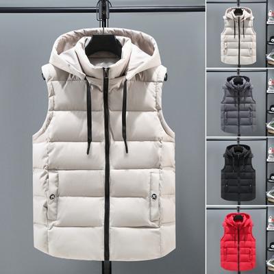 Unisex Cotton Waistcoat Hooded Stand Collar Drawstring Sleeveless Zipper Placket Vest Coat with Pockets Solid Color Thickened Warm Vest Jacket