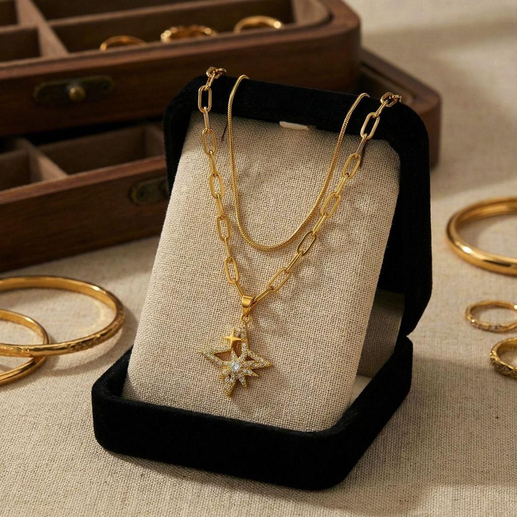 Double Layer Diamond Star Pendant Necklace - Light Luxury Fashion Clavicle Chain High-End Jewelry