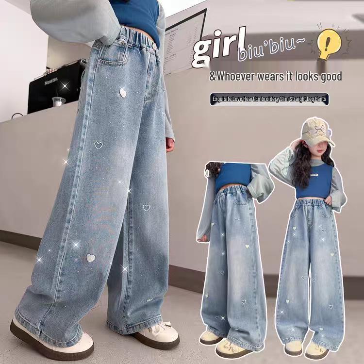 Girls' Rhinestone Denim Straight-Leg Pants - Stylish Spring Autumn Wide-Leg for Medium-Large Students (2026)