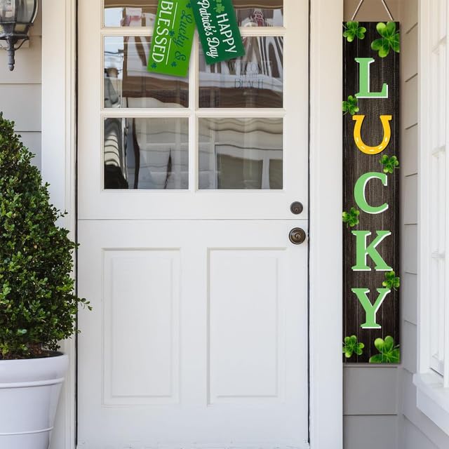 St. Patrick's Wooden Porch Decor 8”x48” Lucky Sign with Shamrock Porch Leaner Welcome Porch Sign for St. Patrick's Day Standing Hanging Home