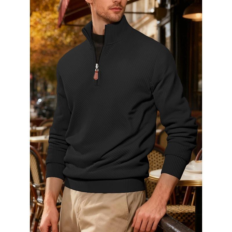 Men's Twill Jacquard Ribbed Half Zip Sweatshirt, Long Sleeve Stand Collar Sport Casual Trendy Pullover Hoodie for Autumn Winter