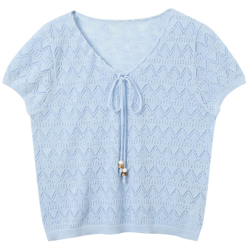 

Sancai 2026 Summer V-Neck Hollow Knit Short-Sleeve Pullover M
