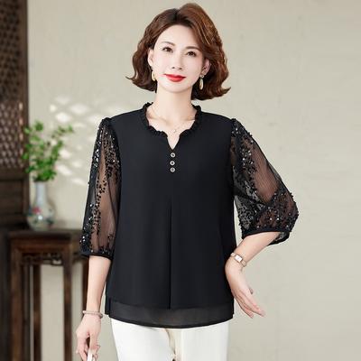Women's Vintage V Neck Chiffon Sleeve Blouse for Middle Age
