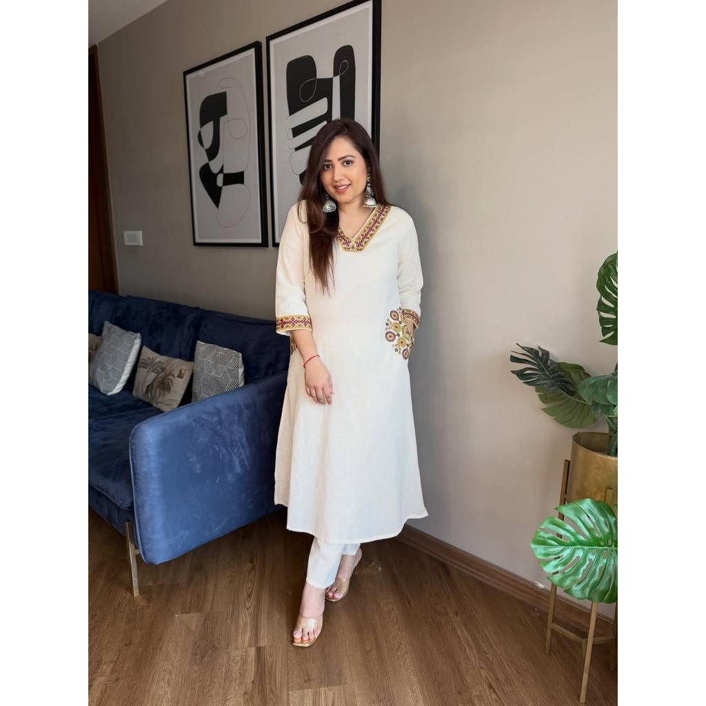 Women Cotton Flex Aline Kurti Pant Set Indian Bollywood Ethnic Kurta Cord Set