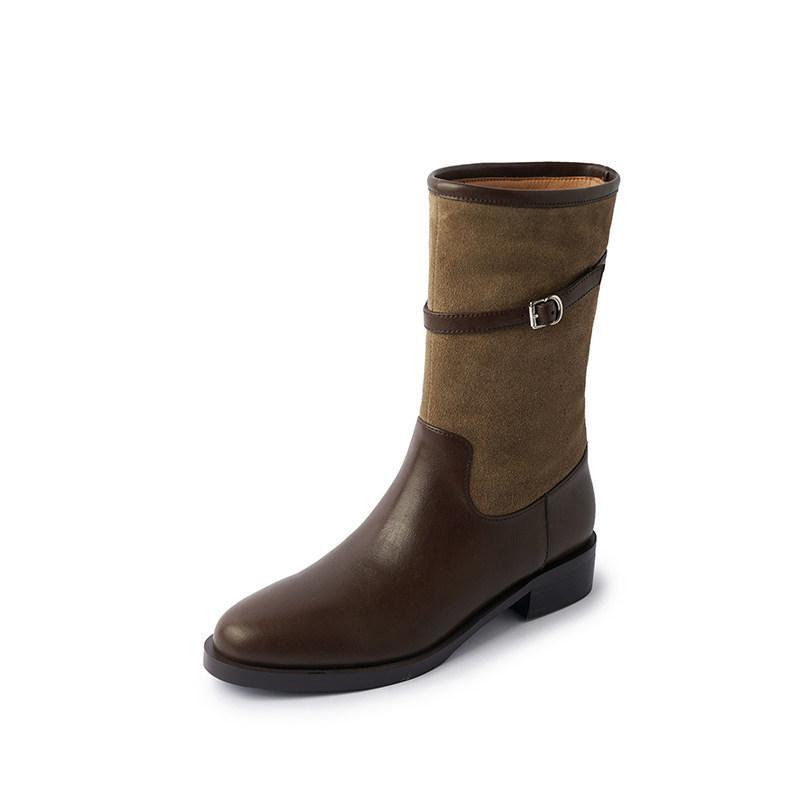 Songdo white tea~! Medium tube color matching knight boots belt buckle round head thick heel stacked short boots