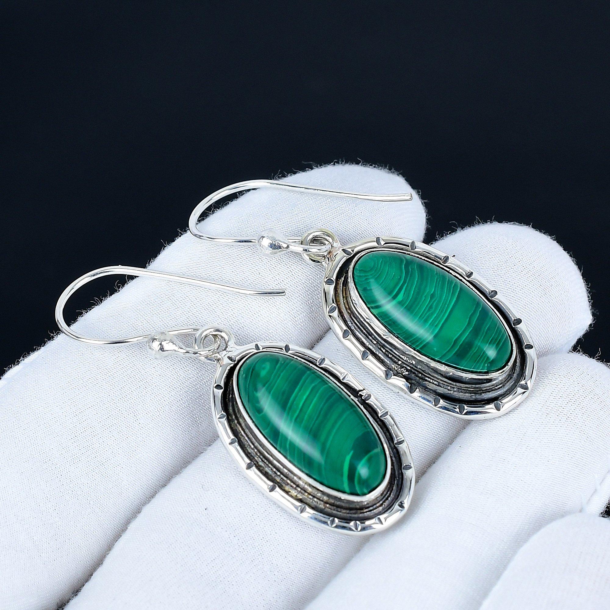 

Natural Malachite Gemstone Earrings, 925 Sterling Silver Earrings, Handmade Silver Earrings For Gift, Malachite Dangle Drop Earrings Women Gift 5.5 Cm