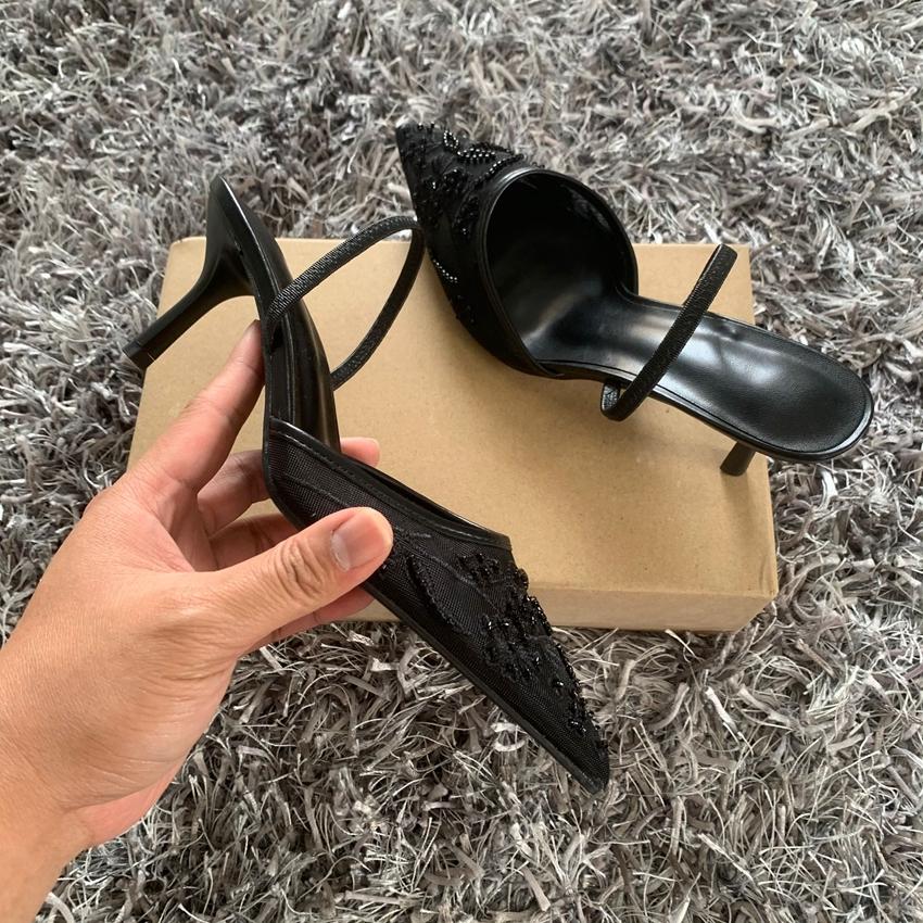 Black Embroidered Mesh Slingback High Heels Sandals for Women Shoes Woman Elegant Style Wedding Party Pumps