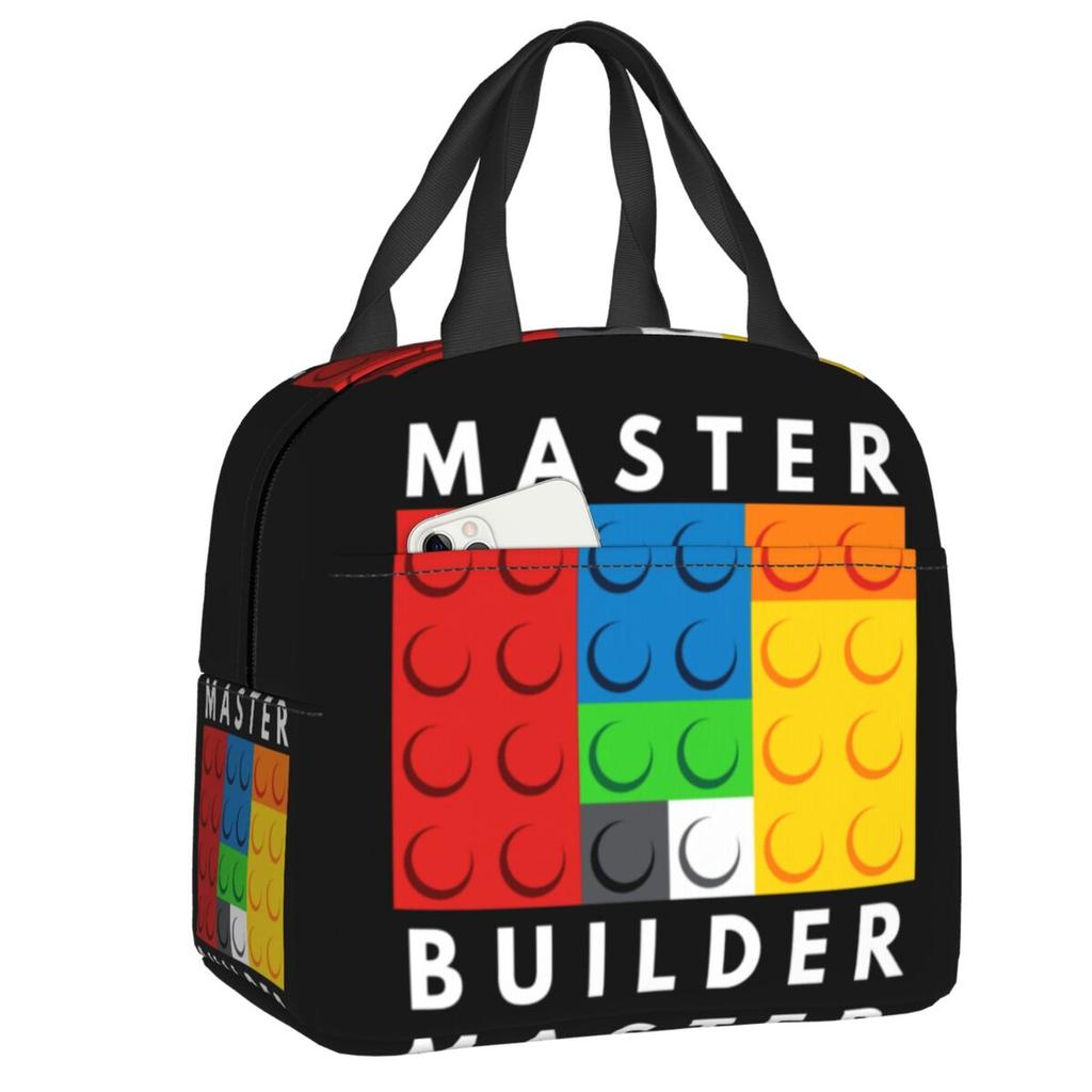 Custom Brick Builder Blocks Master Builder Insulated Lunch Tote Bag for Women Resuable Cooler Thermal Food Lunch Box Children