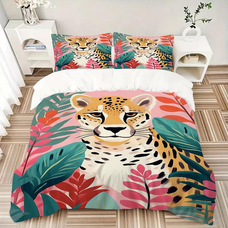 3PCs Cheetah Print Design Cover Set, Breathable Fabric, Machine Washable (1 Duvet Cover + 2 Pillowcases) (Without Quilt) yy250911163