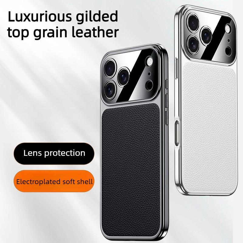 Luxury Gilt First Layer Cowhide Leather Case for iPhone 17 Pro Max Air 17Pro Fine Hole Lens Electroplating Soft Edge Back Cover