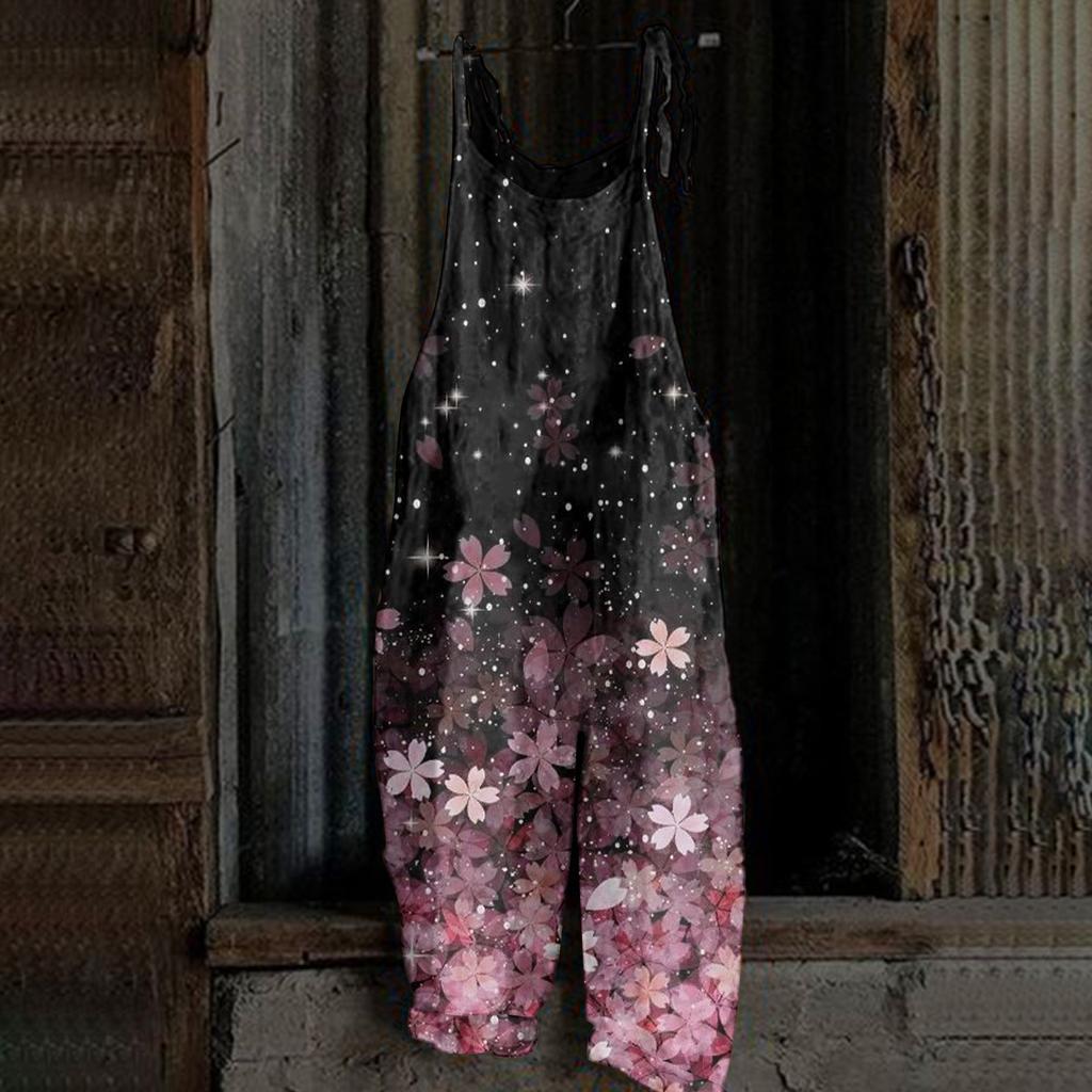 Kombinezon damski z nadrukiem, luźny, w stylu vintage, na ramiączkach, z bawełny i lnu