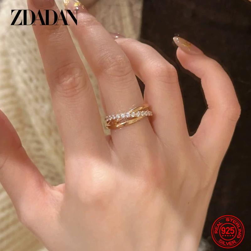 

925 Sterling Silver Three Circle Weave Zircon Open Ring for Women Fashion Wedding Jewelry Resizable