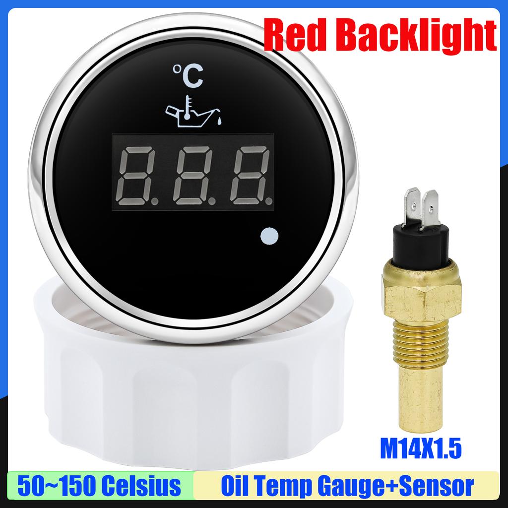 Red Light 52mm Oil Temperature Gauge+Sensor with Alarm Digital 50~150 Celsius Oil Temp Meter for Marine Boat Car 12V24V Custom