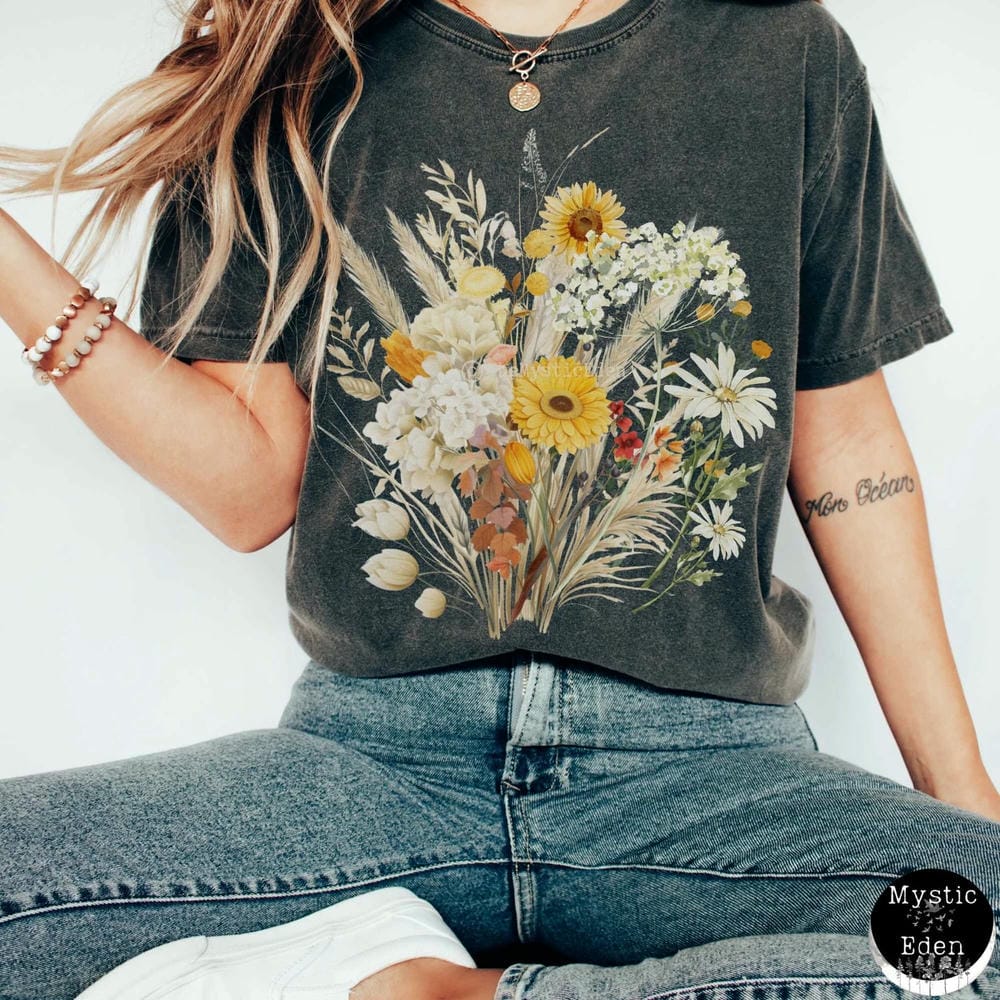 Chemise Confort Imprimé Fleurs Sauvages Vintage Bohème Cottagecore T-shirt Botanique Violet Fleuri Vêtement Tendance Y2K Décontracté Streetwear