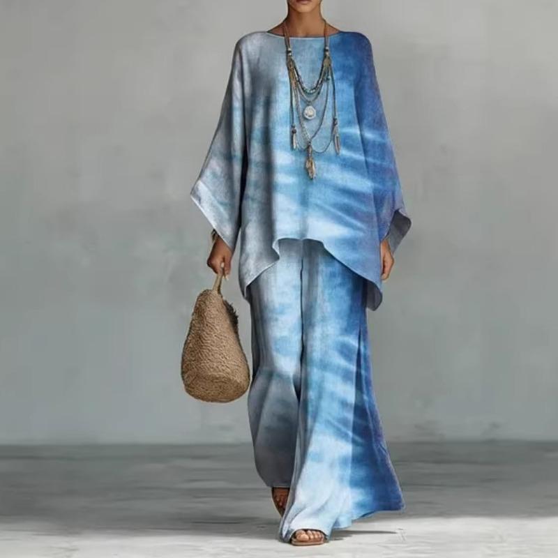 New round Neck Batwing Sleeve Print Set Bohemian Style Casual Loose Two Piece Set