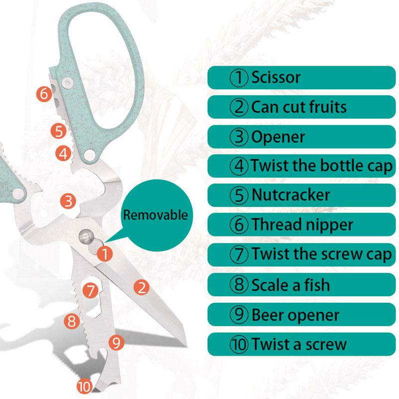 10 i 1 avtagbar knivsaks i rustfritt stål Halmhåndtak Multifunksjonell kjøkkensaks Husholdningshåndverktøy