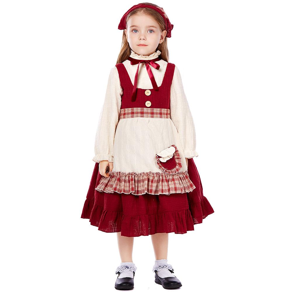 Kids Girls Drama The Little Match Girl Colonies Pastoral Farm Maid Dress Apron Set Halloween Cosplay Costumes Role Play Outfit