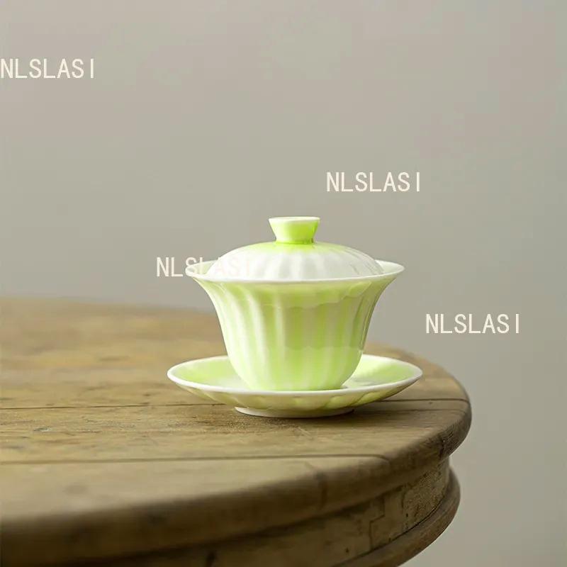 

140ml Gradient Sheep Fat Jade Gaiwan Retro Kiln Change Ceramic Tea Infuser Handmade Porcelain Filter Teapot Household Tea Bowl 140ml светло-зеленый