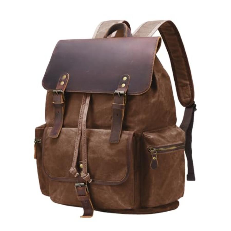 Vintage Waxed Canvas Backpack Casual Genuine Leather Laptop Rucksack Shoulder DayPack for Travel/Hiking/School кофейный