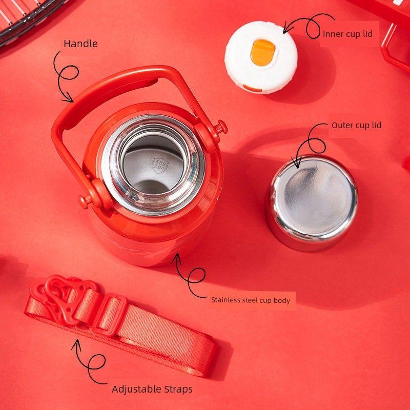 Large-Capacity Thermos Cup for Boys, Stainless Steel Tea Cup for Girls and Children, Outdoor Student Sports Water Bottle with Strap