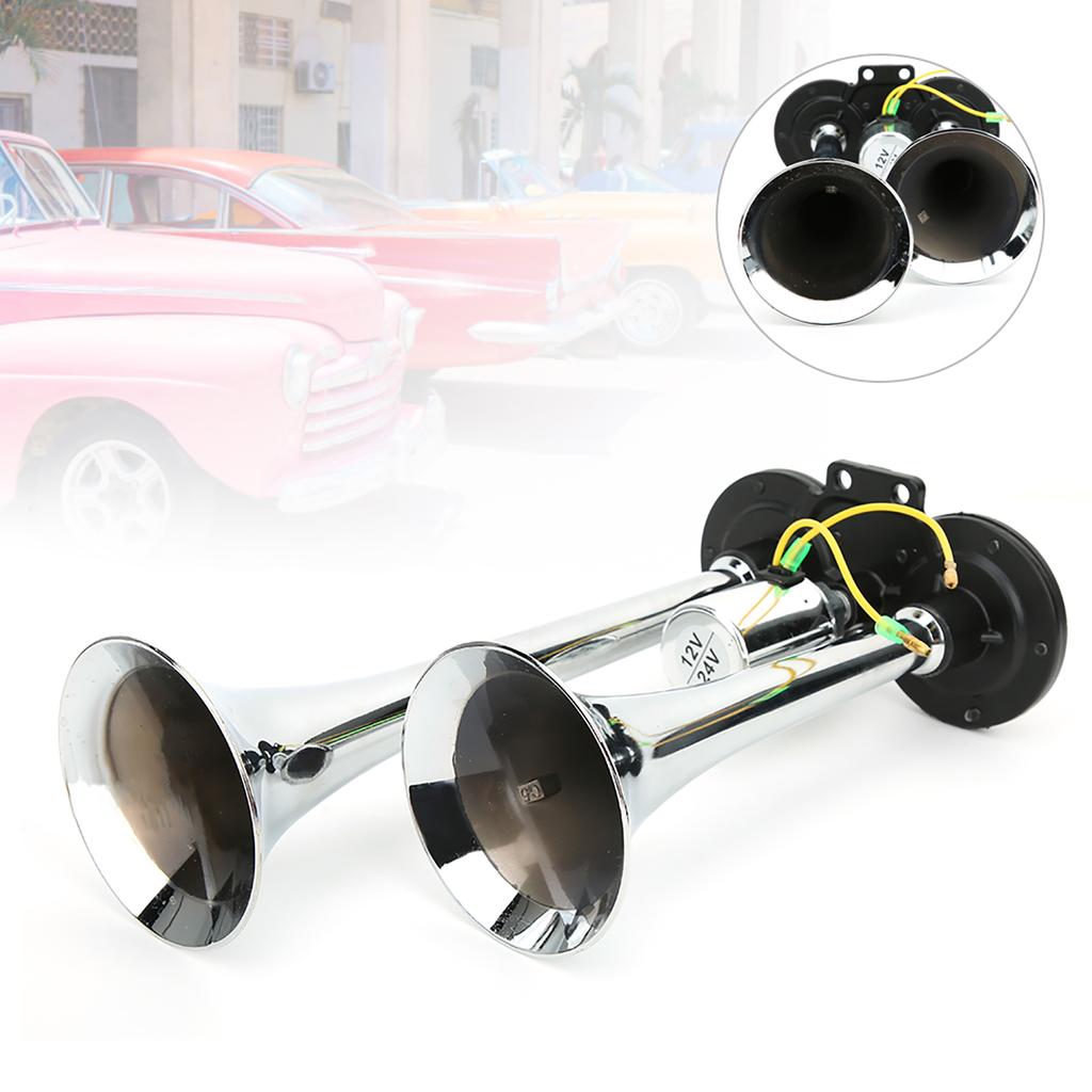 Universal Bil Pneumatisk Lufthorn Dobbelt Trompet 130dB 12V24V Tog Auto Lastebil Lastebil ABS Metall