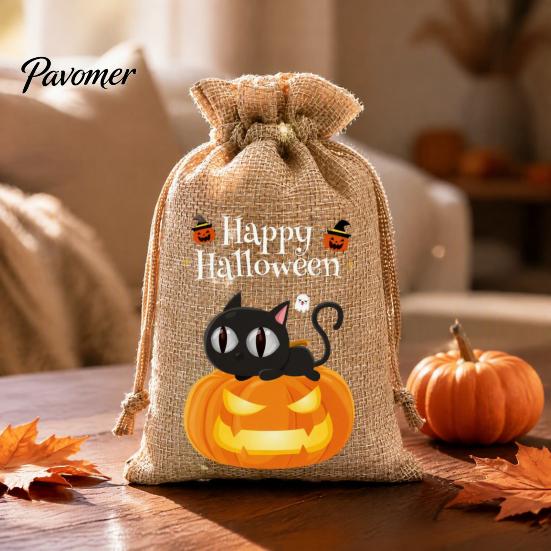 Trick or Treat Party Souvenirs 2Pcs Halloween Pumpkin Drawstring Bags for Candy Treats, Retro Burlap Rustic Linen Goodie Bags, Portable Kids